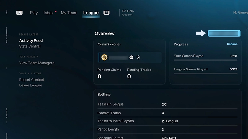 League Overview screen with a white arrow pointing to the league code, highlighted by a blue box in the top right.