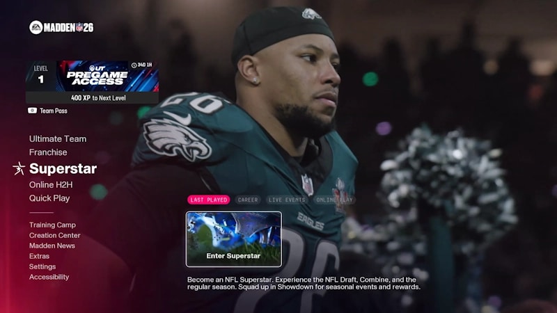 Main menu in Madden NFL 26, with Superstar mode selected and the option to enter the last played Superstar session.