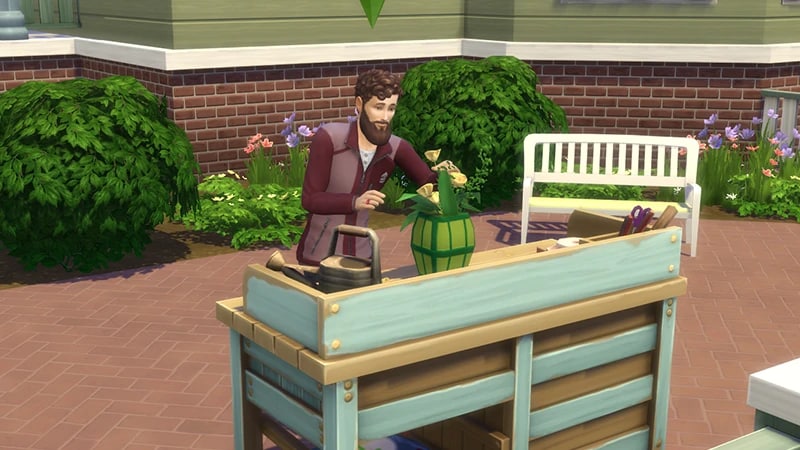 Brązowowłosy, brodaty Sim stoi na zewnątrz przed drewnianą ławką, układając kompozycję kwiatową w zielonym wazonie.