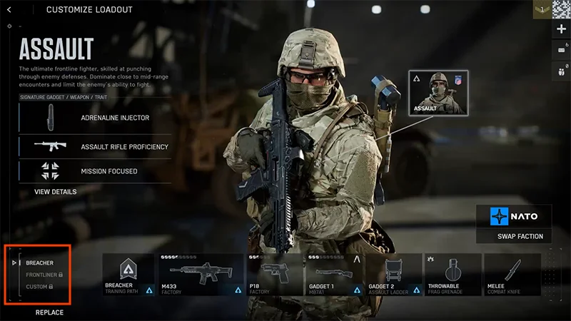 La classe Assalto è selezionata nel menu Attrezzature. In basso a sinistra è visibile la specialità da campo selezionata.