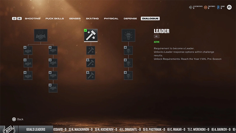 تعرض قائمة NHL 27 Be a Pro شجرة مهارات القائد، وتوضح أن مهارة المستوى 1 للقائد نشطة.