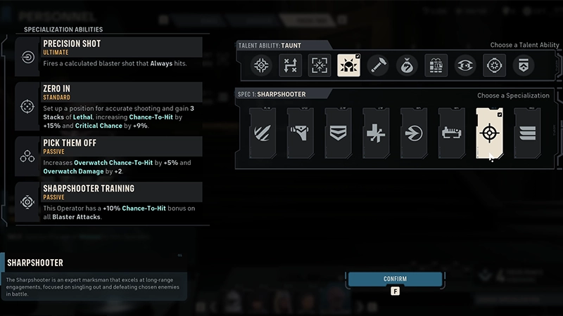 Sharpshooter is selected under Choose a Specialization. Its Specialization Abilities are listed on the left.