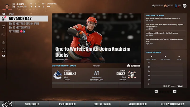 The Be a Pro hub screen in NHL 27, showing a player's stats, headlines, form score, and game schedule.