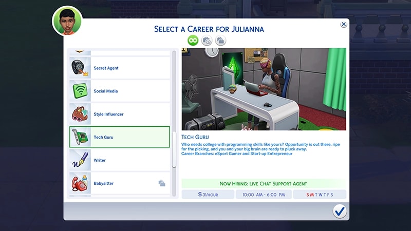 A menu for choosing a career in The Sims 4 highlights the Tech Guru career showing the hourly rate, and working days/times.