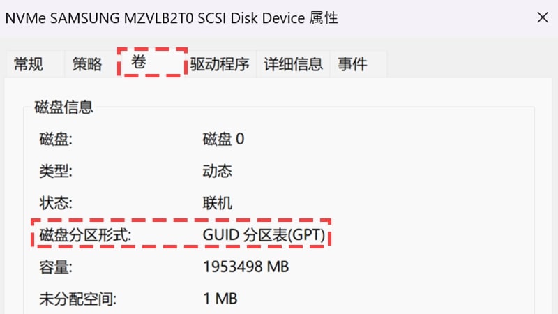 The Volumes tab with GUID Partition Table (GPT) highlighted