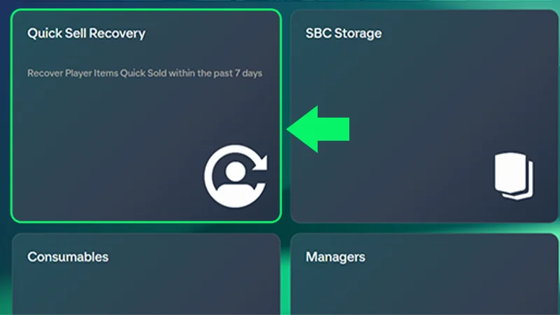 The Quick Sell Recovery panel highlighted with a green arrow.