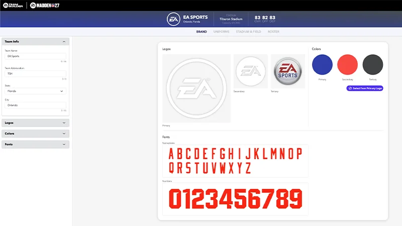 موقع Madden NFL 27 Team Builder. تعرض علامة تبويب Brand خيارات التخصيص مثل الشعارات والألوان والخطوط.