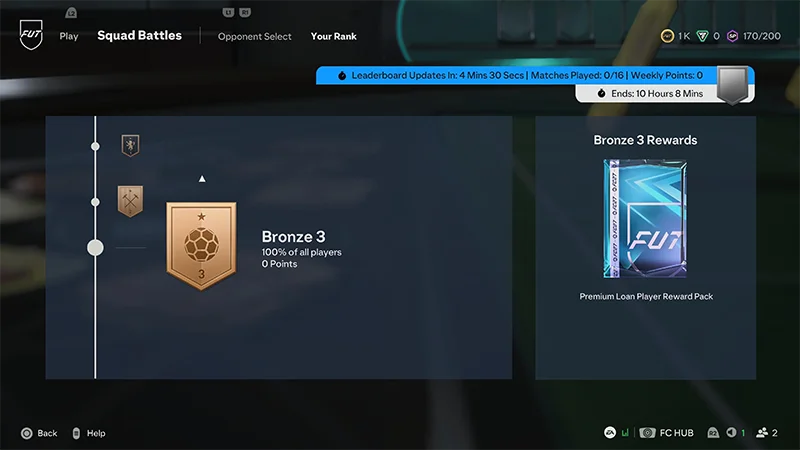 Squad Battles Your Rank screen showing Bronze 3 Rank and a Premium Loan Player Reward Pack.