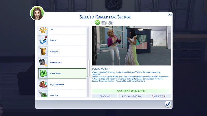 A menu for choosing a career in The Sims highlights the Social Media career showing the hourly rate, and working days/times.