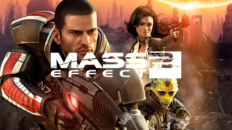 Commander Shepard stands armed alongside Miranda Lawson and Thane Krios against a futuristic city backdrop.