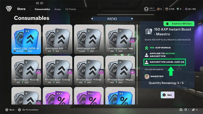 150 AXP Instant Boost for Maestro showing a level cap of 25 and a 150 AXP bonus.
