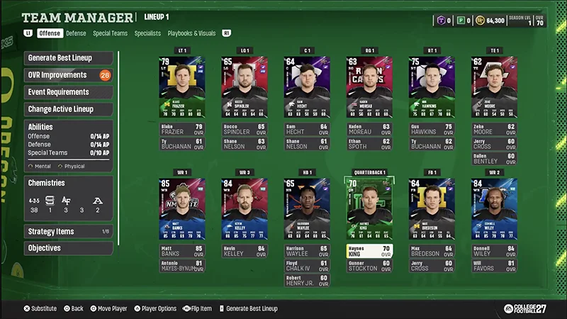 Ultimate Team™ Teammanager-Bildschirm mit Optionen zur Aufstellungsverwaltung, Spielerkarten und der aktuellen Aufstellung.