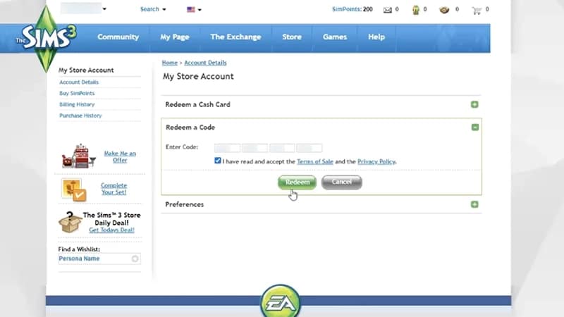  The Redeem a Code section on the My Store Account page, with code fields, an acceptance checkbox, and a green Redeem button.