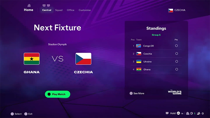 Der Bildschirm "Nächstes Spiel" mit Ghana gegen Tschechien, Tabellenstand Gruppe A und der Option "Spielen".
