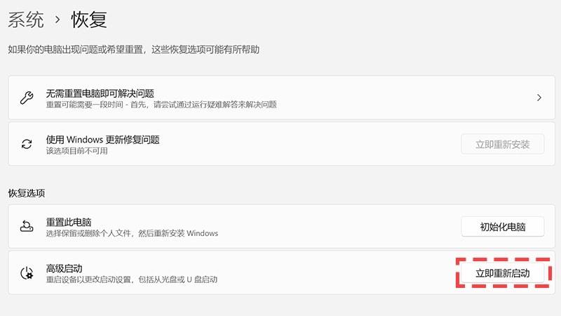 An example of the BIOS menu highlighting the Advanced startup button.