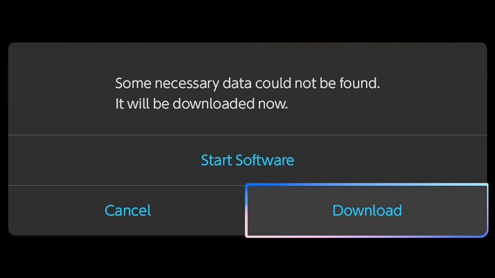 Nintendo Switch message saying necessary data is missing, with Start Software, Cancel, and Download options.