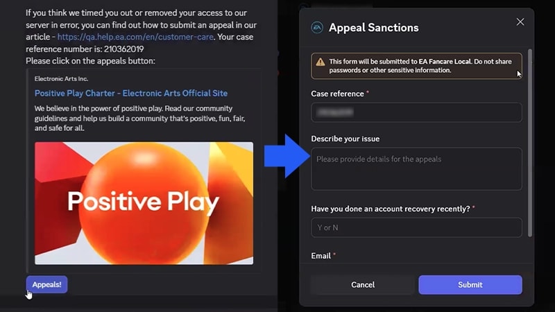 Discord direct message from Electronic Arts showing the Appeals button and the Appeal Sanctions form and Submit button.