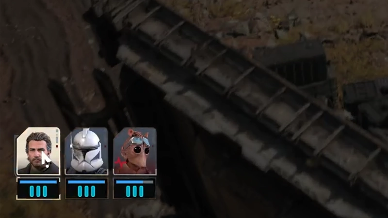Three squad character portraits with blue status bars displayed over a dark battlefield. 