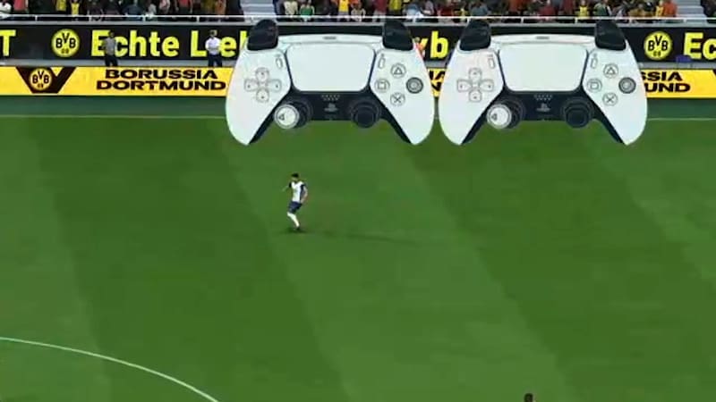 A player on the field with a Borussia Dortmund banner and two large PlayStation controllers overlayed.
