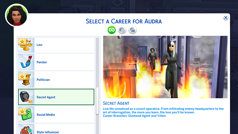 A menu for choosing a career, highlighting the Secret Agent career, showing the hourly rate and working days/times.