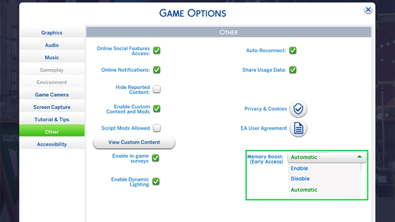 The Memory Boost options shown in the Game Options menu. The drop-down includes Automatic, Enable, and Disable.