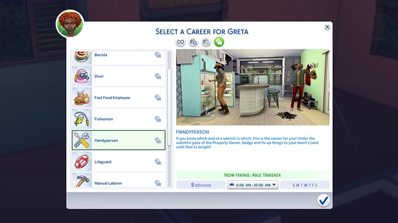 A menu for choosing a career in The Sims 4 highlights the Handyperson career showing the hourly rate, and working days/times.