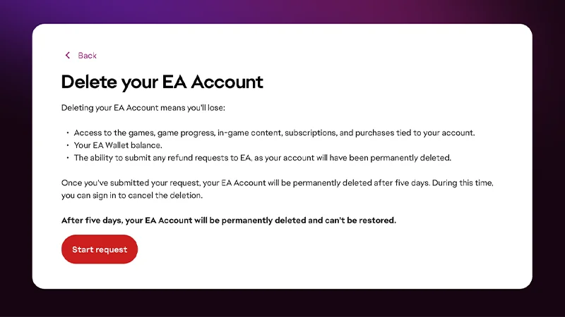 Image of the delete account request page.