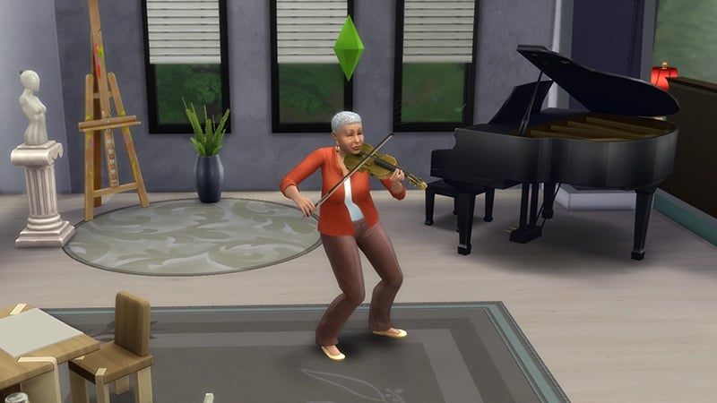 一位留著灰色短髮、穿著橘色夾克的老人模擬市民正在房間中央拉小提琴。