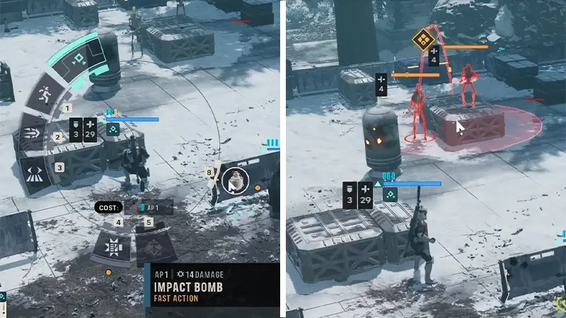 A character selects an Impact Bomb, with its blast area highlighting two enemies behind cover.