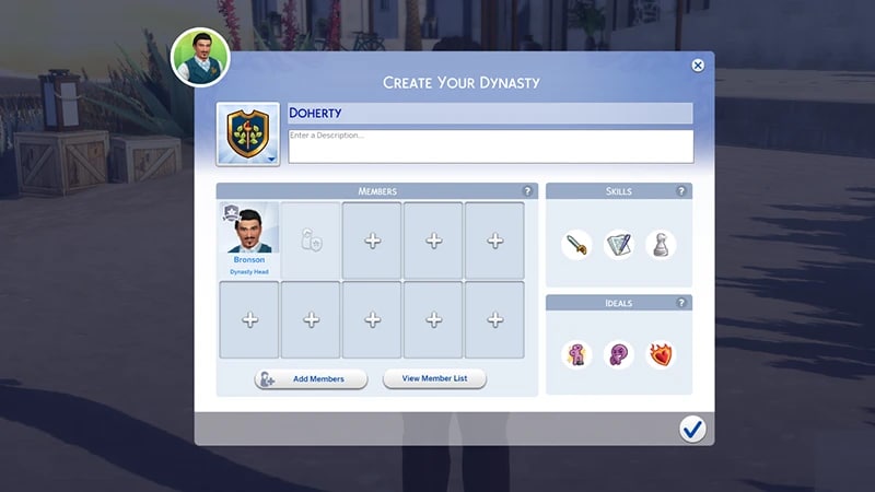 Une fenêtre qui montre comment créer et nommer une dynastie, y ajouter des membres et définir des compétences et des idéaux.