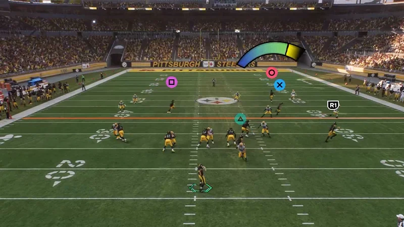 A player uses Revamped passing in-game. The power meter is visible next to the quarterback.