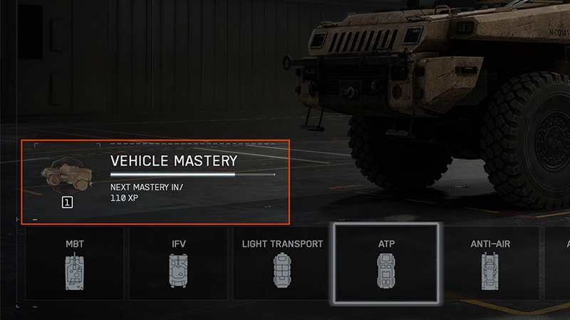 Vehicle Mastery is highlighted in a red box in the Loadouts screen with ATP selected.