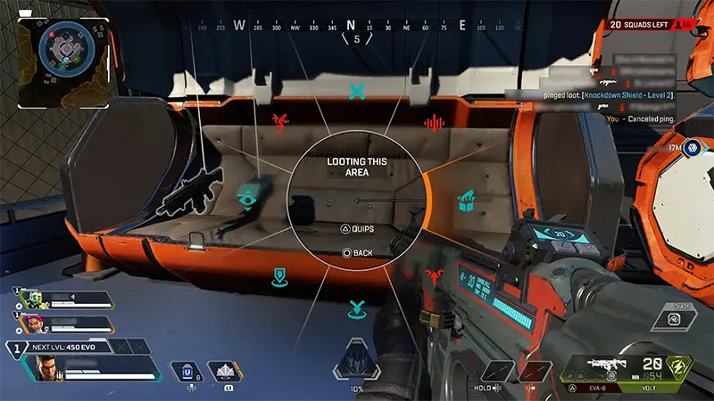 The ping system wheel is visible in-game. Looting this area is selected as an option.