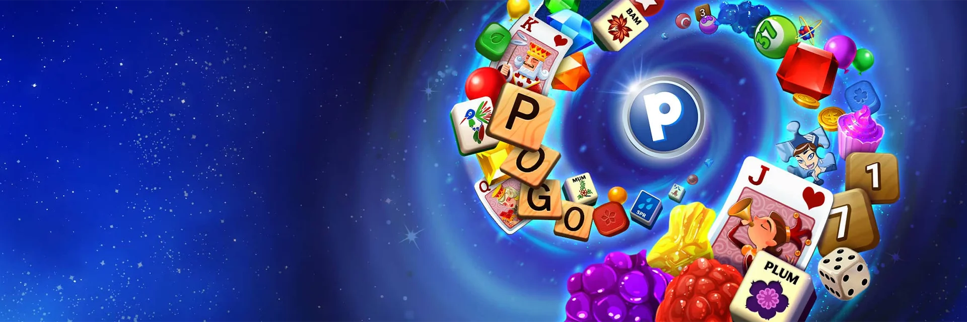 A swirl of Pogo game icons, like cards, dice, gems, and balloons, orbit a glowing 'P' badge against a starry blue background.