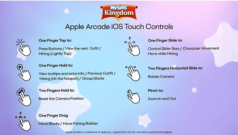 Иллюстрации сенсорного управления в MySims Kingdom на ios, на фиолетовом фоне.