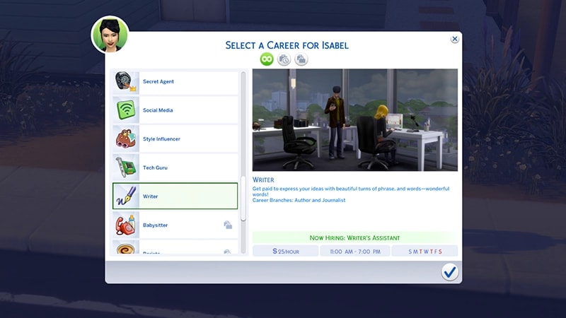 A menu for choosing a career in The Sims 4 highlights the Writer career showing the hourly rate, and working days/times.