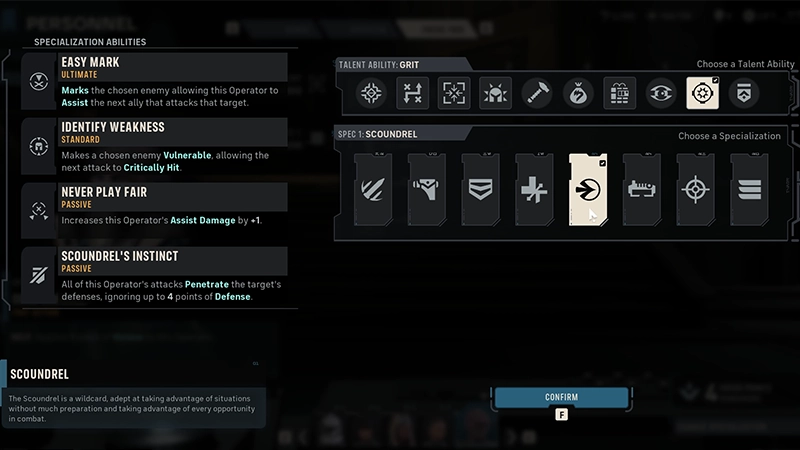 Scoundrel is selected under Choose a Specialization. Its Specialization Abilities are listed on the left.
