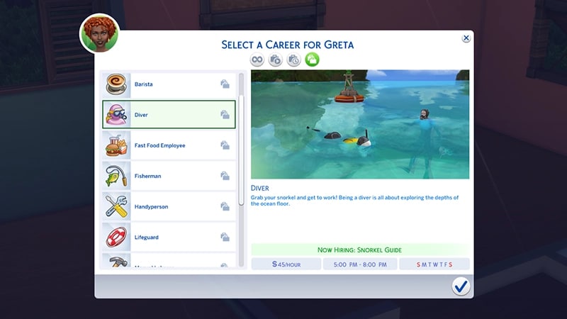 A menu for choosing a career in The Sims 4 highlights the Diver career showing the hourly rate, and working days/times.