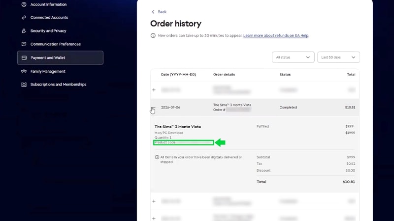 The Order History page of an EA Account, with a Sims 3 world product code highlighted by a green box and arrow.