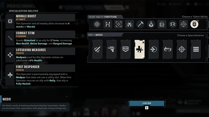Medic is selected under Choose a Specialization. Its Specialization Abilities are listed on the left.