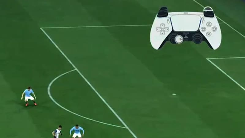 A PlayStation5 controller graphic overlay on-screen during a match.