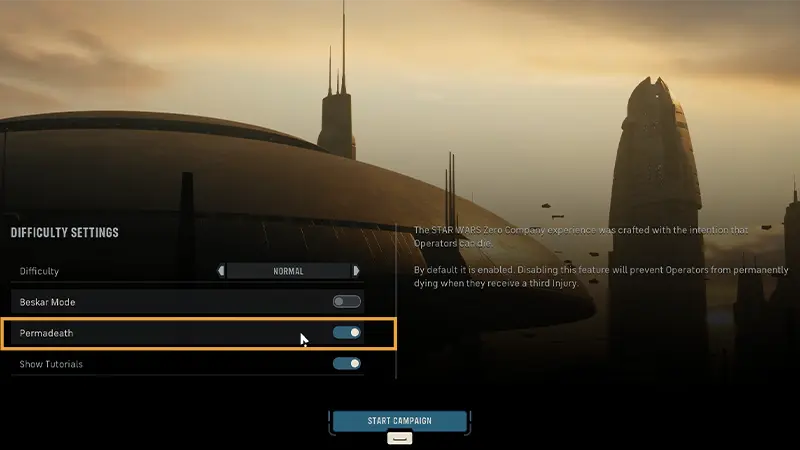 Difficulty settings with Permadeath turned on and highlighted before starting a campaign.