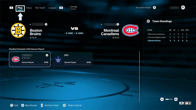Play tab highlighted by a white box with a white arrow on the League screen above the Bruins vs. Canadiens matchup.