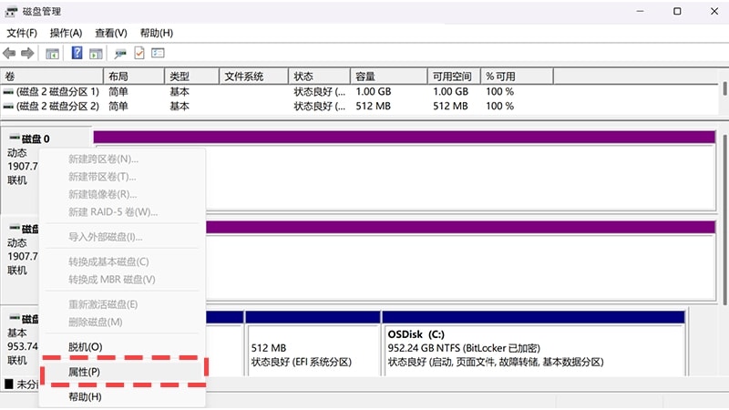  The Disk Management window highlighting the Properties button in Step 2.