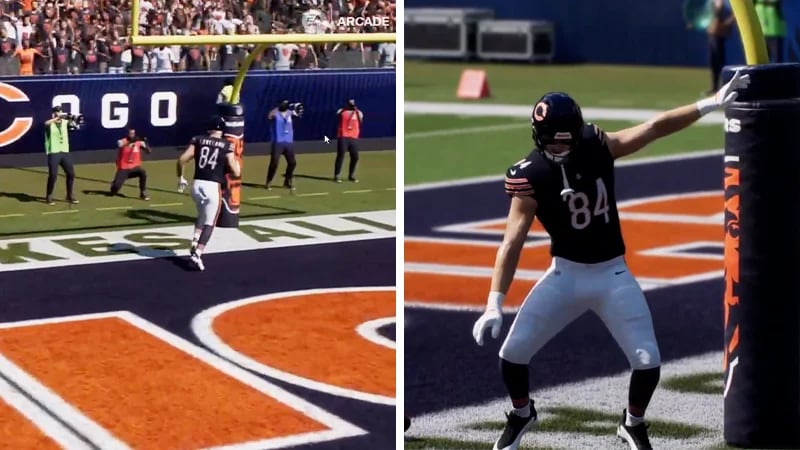 Player 84 runs to the goal posts to trigger a celebration.