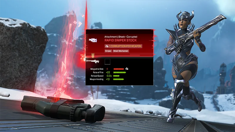 A pop-up shows the Rapid Sniper Stock corrupted attachment with its stat effects underneath.