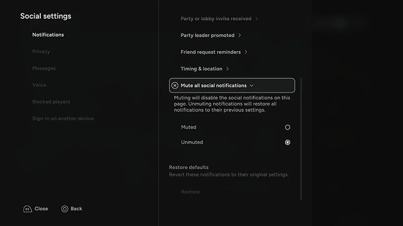 Menu des paramètres sociaux montrant les options du menu déroulant Mettre en silencieux