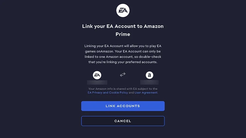 EA Account linking page for Amazon Prime.
