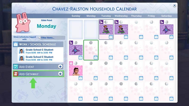 The calendar in The Sims 4 with a green line and an arrow pointing towards the Add Getaway option in the bottom-left