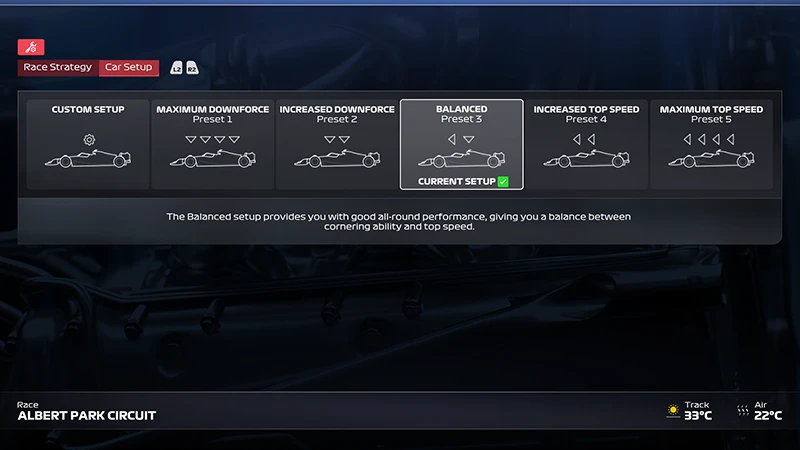 The Car Setup menu with the Balanced preset selected.